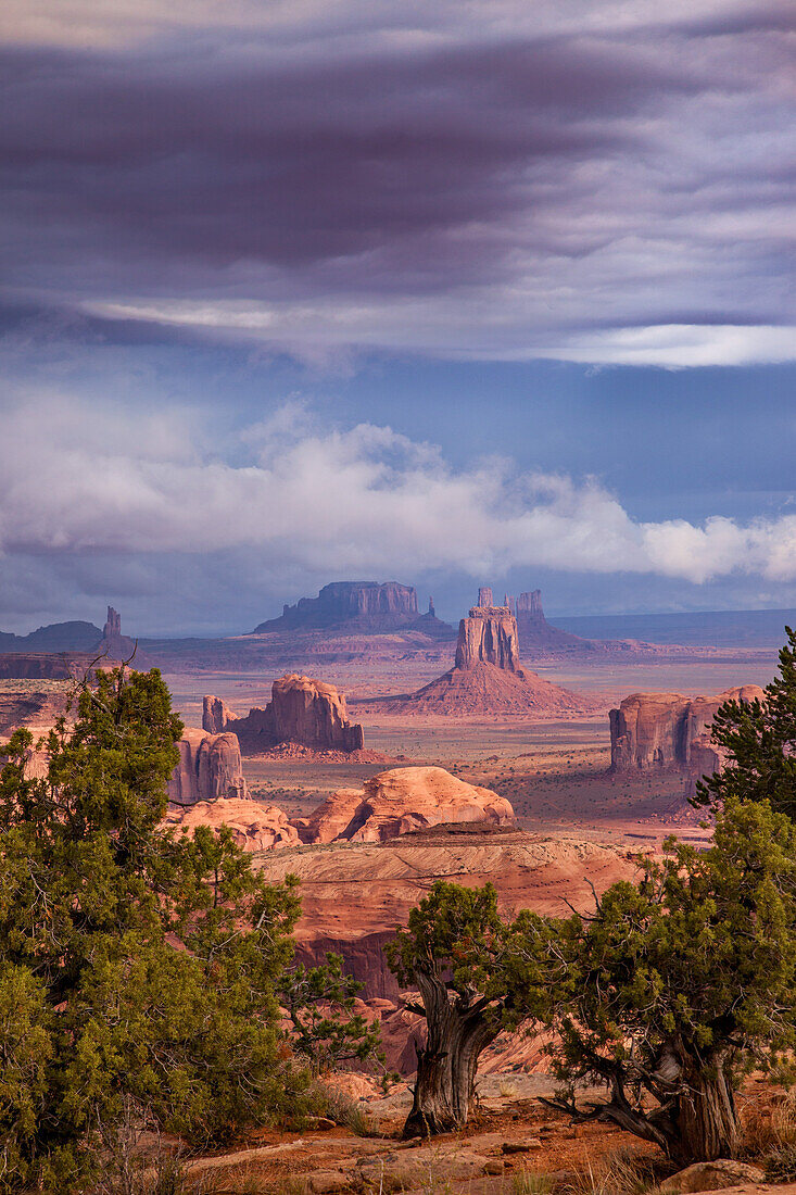 Stormy sunrise in Monument Valley Navajo Tribal Park in Arizona. View from Hunt's Mesa.