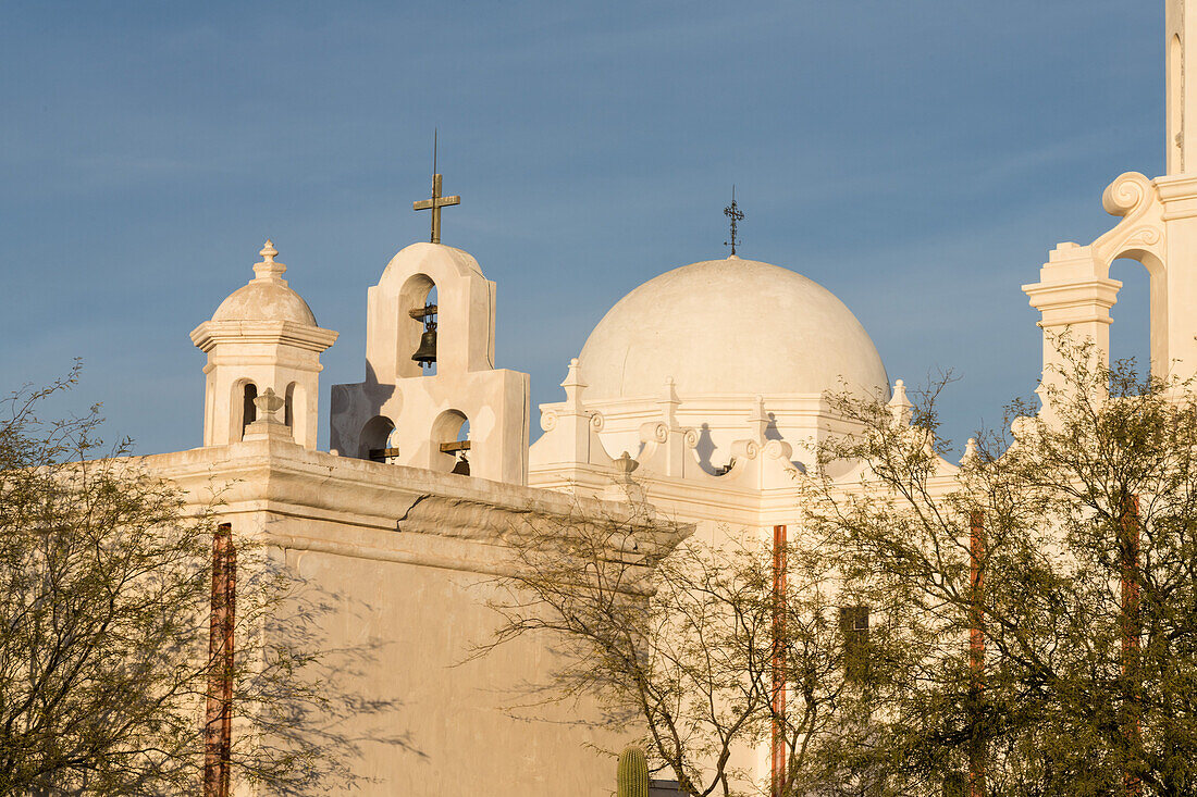 The belfry of the mortuary chapel and the dome of the Mission San Xavier del Bac, Tucson Arizona.