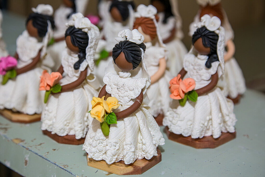 Dominican faceless dolls in a home workshop in the Dominican Republic. The faceless dolls represent the ethnic diversity of the Dominican Republic.