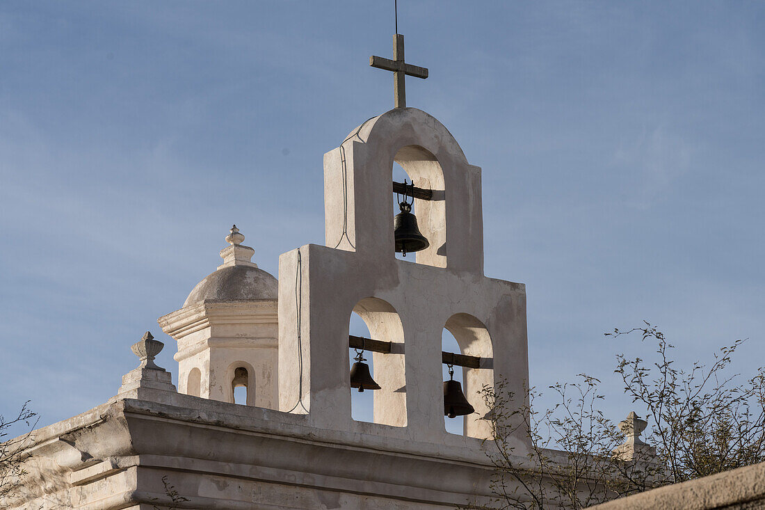 The belfry and bells of the mortuary chapel of the Mission San Xavier del Bac, Tucson Arizona.