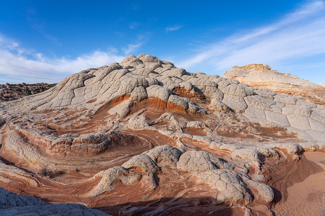 Eroded white pillow rock or brain rock sandstone in the White Pocket Recreation Area, Vermilion Cliffs National Monument, Arizona. Both the red and white are Navajo sandstone but the red has more iron oxide in it.