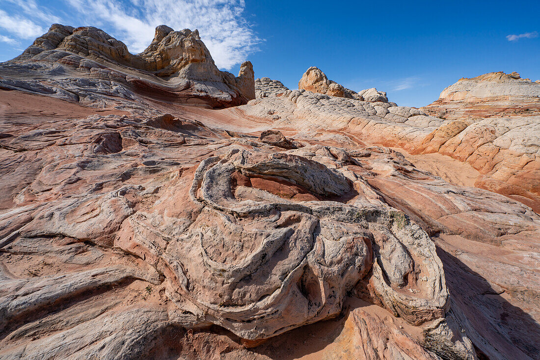 Contorted eroded Navajo sandstone in the White Pocket Recreation Area, Vermilion Cliffs National Monument, Arizona.