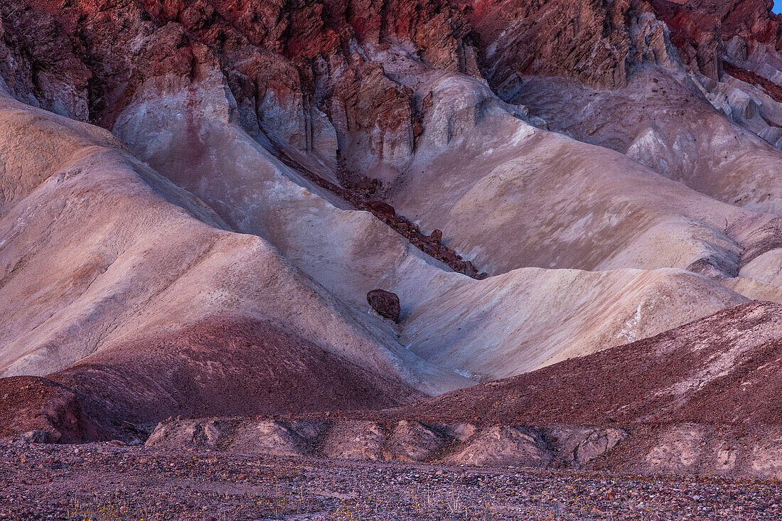 Colorful Furnace Creek Formations near the mouth of Golden Canyon in Death Valley National Park in the Mojave Desert, California.