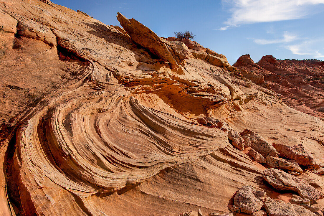 Gestreifte Muster und Querschichten in Navajo-Sandsteinformationen. South Coyote Buttes, Vermilion Cliffs National Monument, Arizona