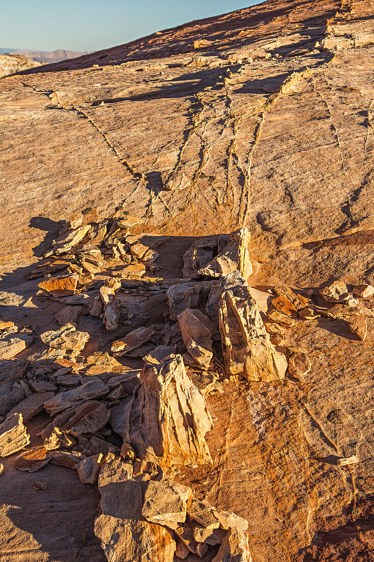 Compaction bands as small fins in the eroded Aztec sandstone of Valley of Fire State Park in Nevada.