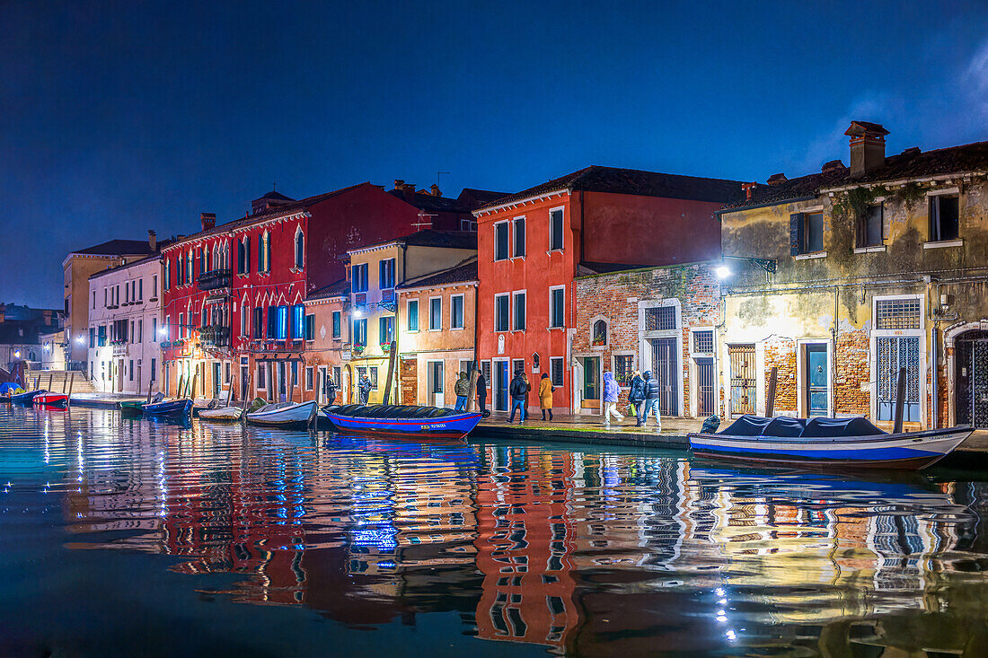 Colorful Venetian Canal at Night with Boats and Pedestrians, Fondamenta San Giobbe, Cannaregio.
