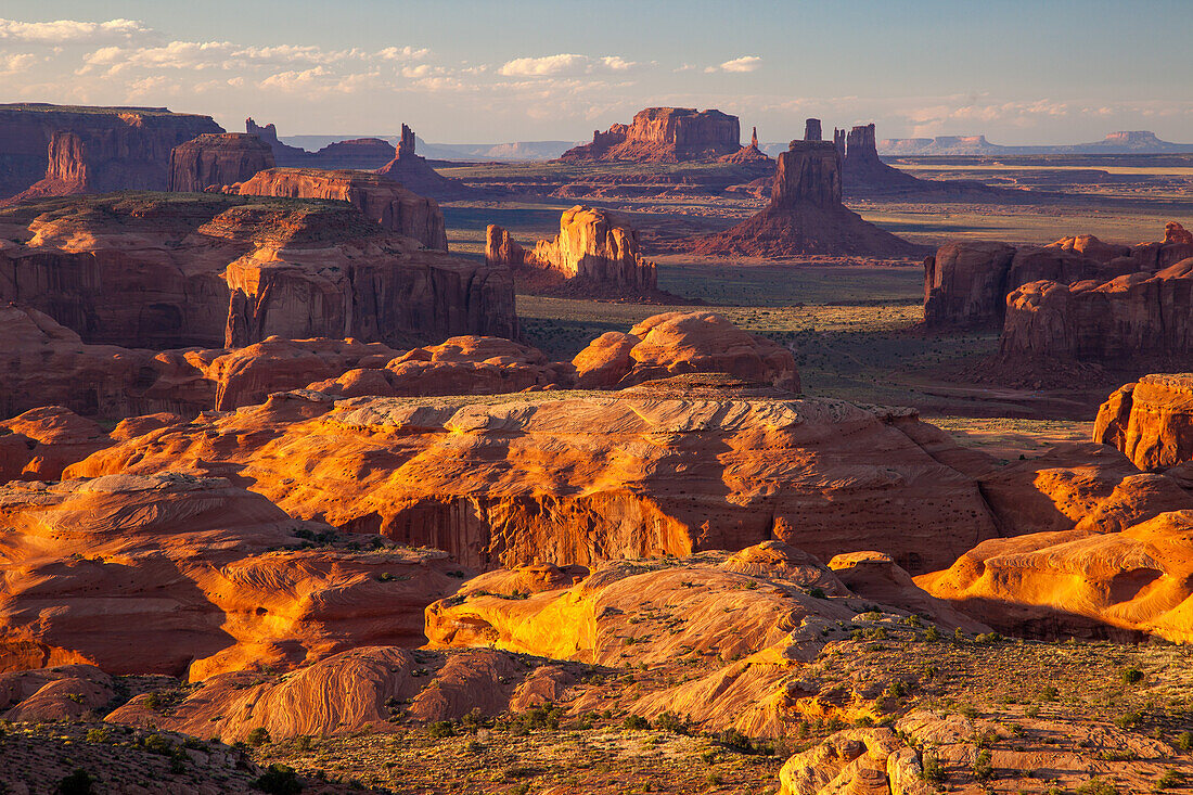 Sunset light on the sandstone formations in the Monument Navajo Valley Tribal Park in Arizona. View from Hunt's Mesa.
