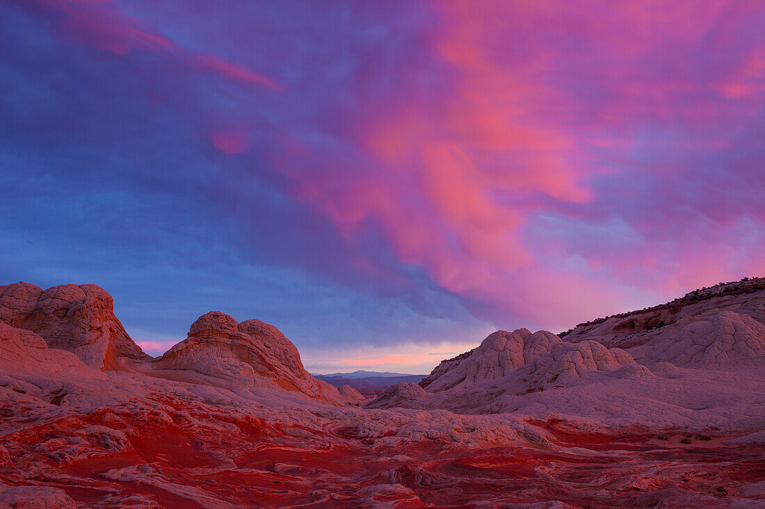 Sonnenaufgangslicht auf Mammatuswolken über der White Pocket Recreation Area im Vermilion Cliffs National Monument in Arizona