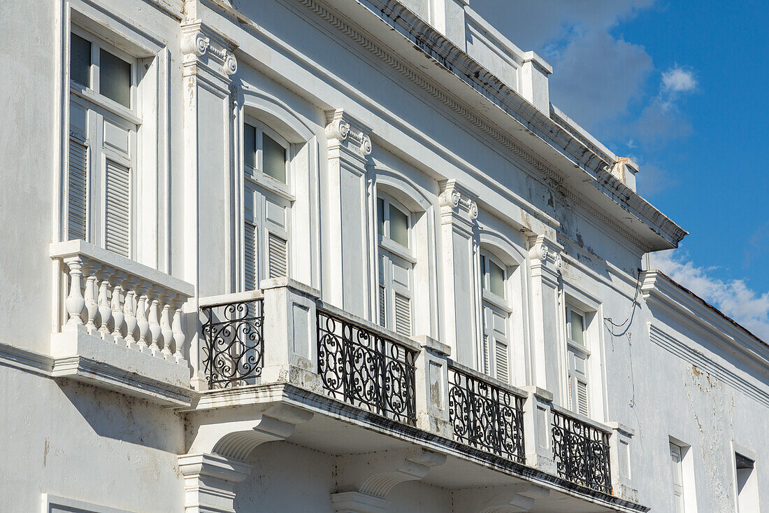 Wrought iron railings on a white building in the old historic Colonial City of Santo Domingo, Dominican Republic. A UNESCO World Heritage Site.