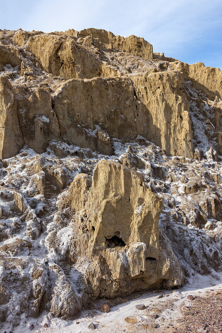 Mineral salt formations on the surface of the ground at Furnace Creek in Death Valley National Park in California.