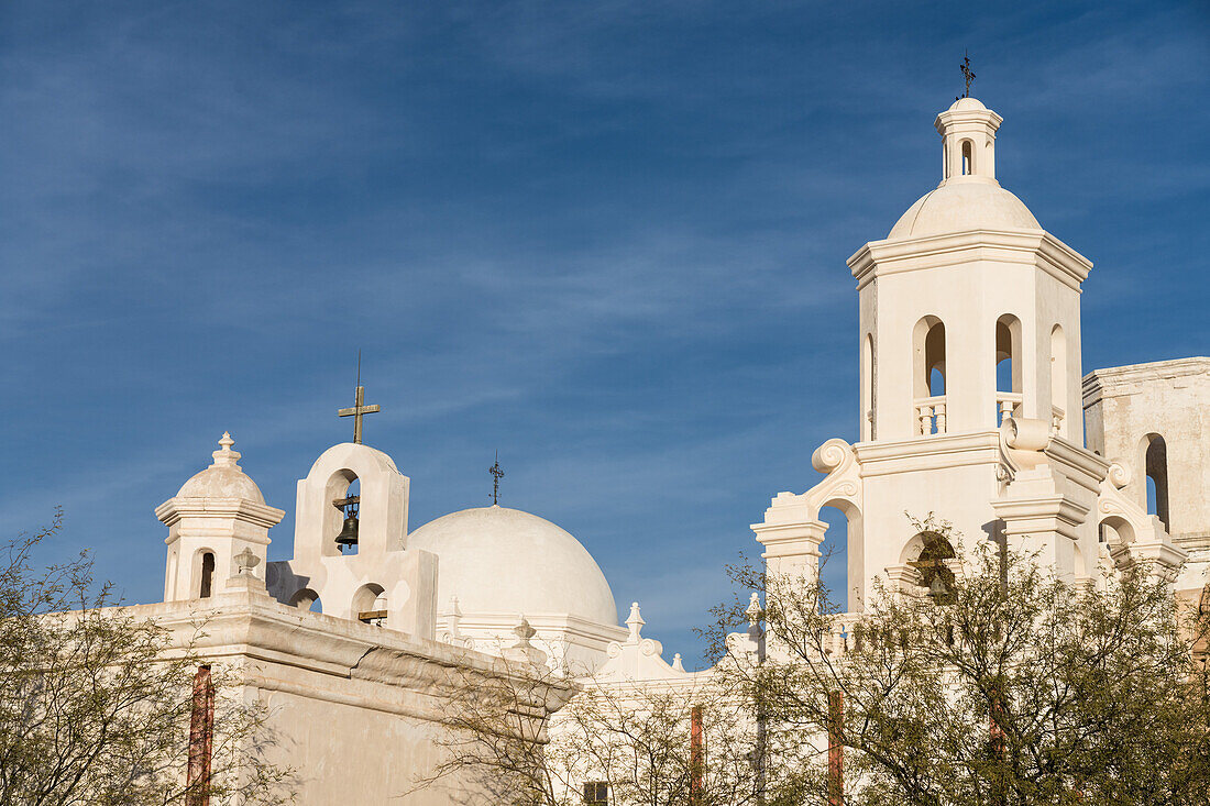 The belfry of the mortuary chapel, dome and west bell tower of the Mission San Xavier del Bac, Tucson Arizona.