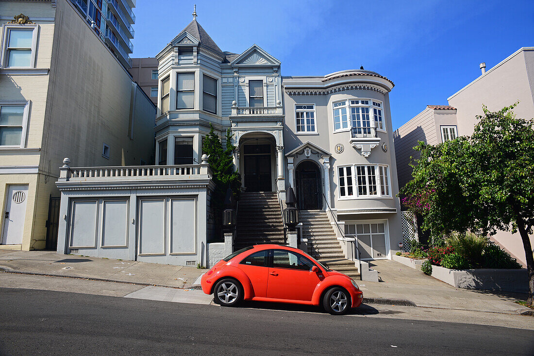 New Volkswagen Beetle parked in streets of San Francisco, California.