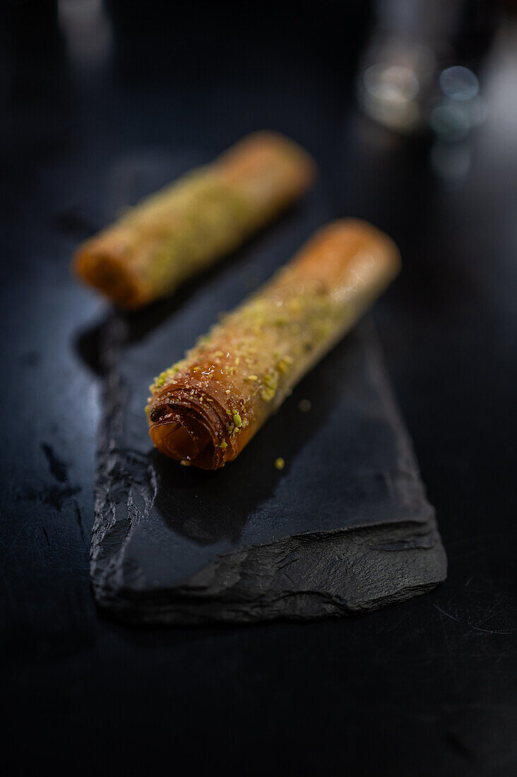 Baklava pastry desert in Mosaico restaurant, Zaragoza, Spain