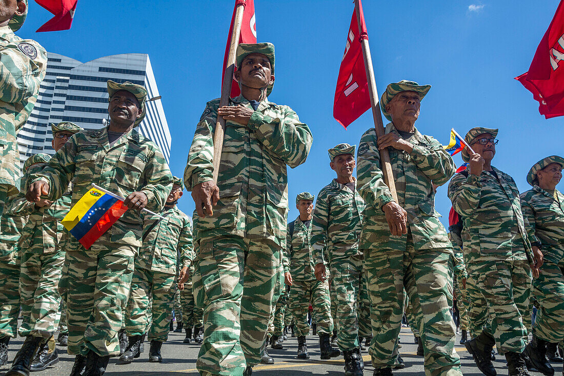 Bolivarian militia on the march. The government of Nicolas Maduro rallies in the streets of Caracas, in celebration of January 23rd in Venezuela.