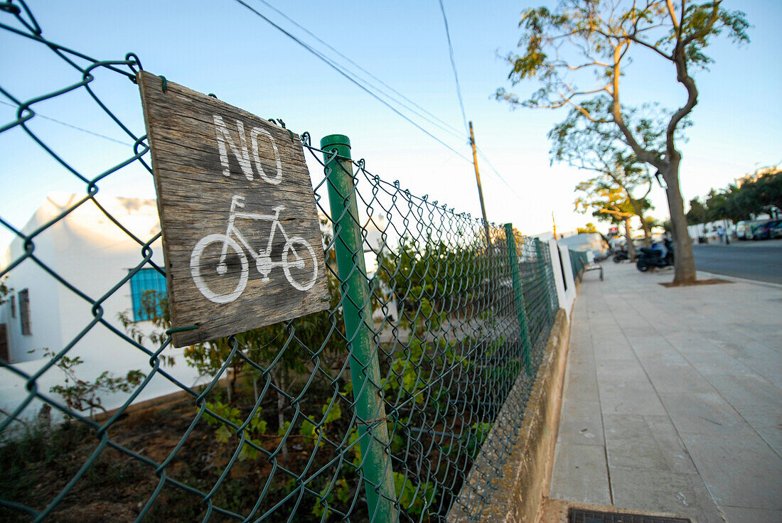 No Bicycle parking wood sign in La Mola, Formentera