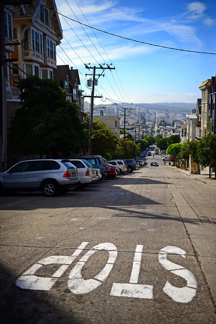 View of San Francisco from top of steep street.