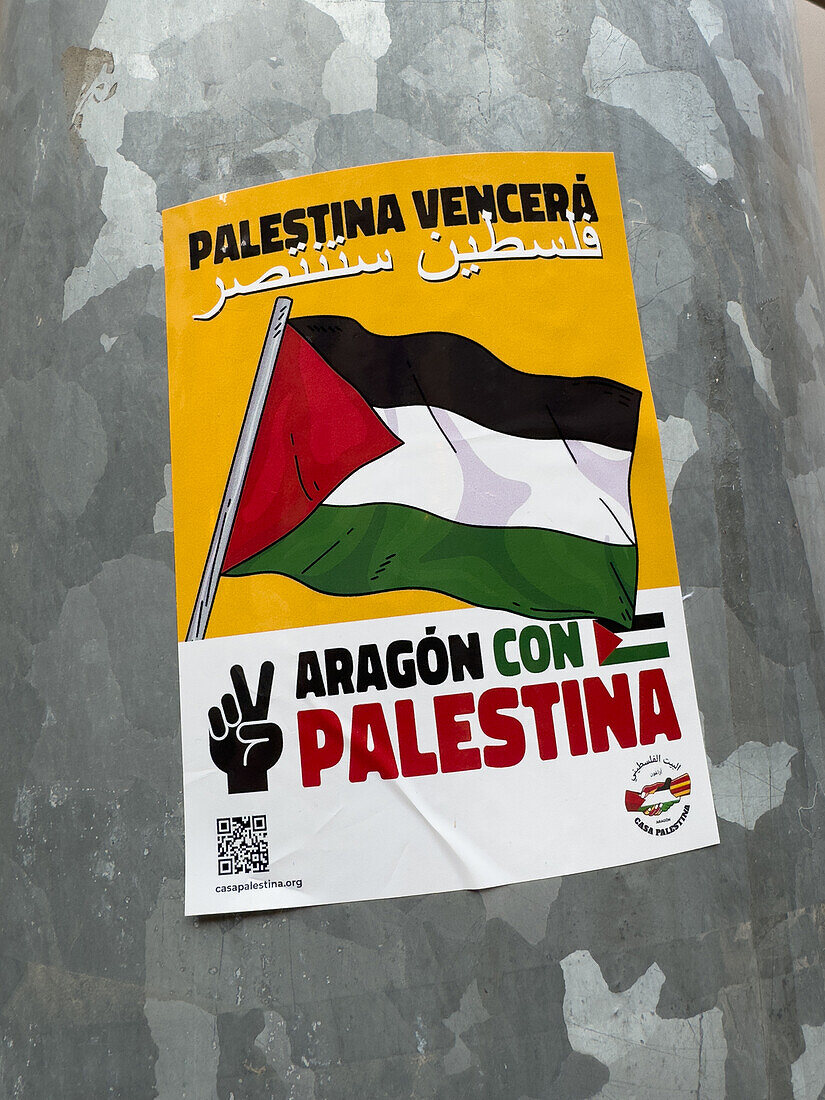 Unterstützungsaufkleber der Plattform Aragon mit Palästina, Zaragoza, Spanien
