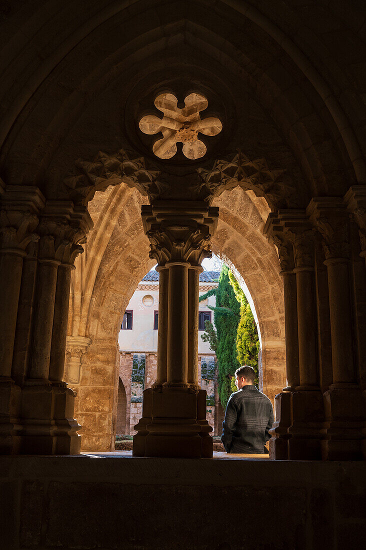 Young man visiting the Monasterio de Piedra Natural Park, located around the Monasterio de Piedra (Stone Monastery) in Nuevalos, Zaragoza, Spain