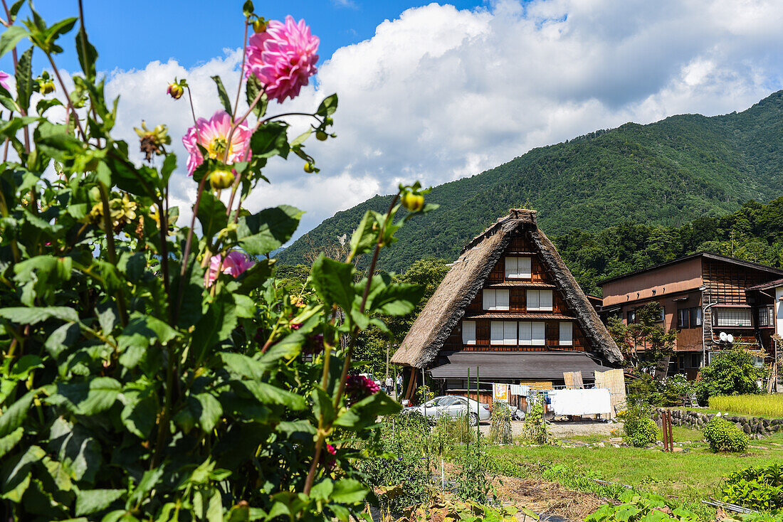 Shirakawa-go, traditionelles Dorf, das einen als gassho-zukuri bekannten Baustil zeigt, Präfektur Gifu, Japan