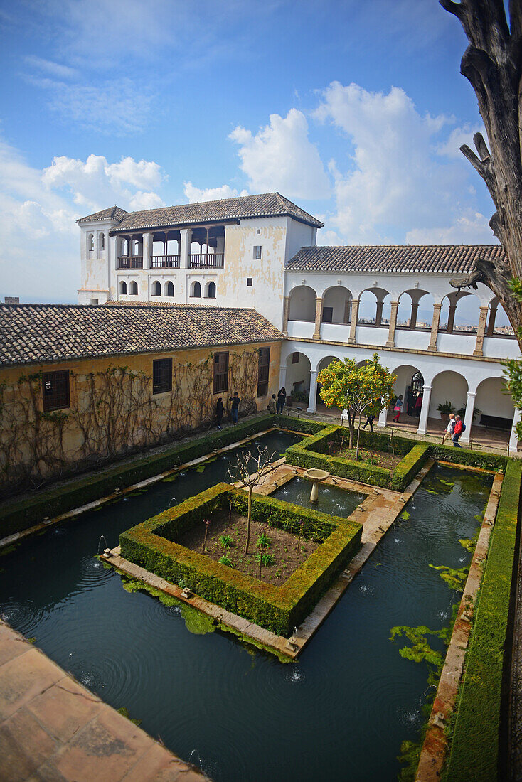 Die Gärten des Generalife in der Alhambra, einer Palast- und Festungsanlage in Granada, Andalusien, Spanien