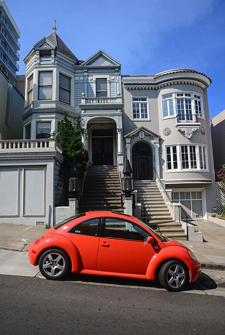 New Volkswagen Beetle parked in streets of San Francisco, California.