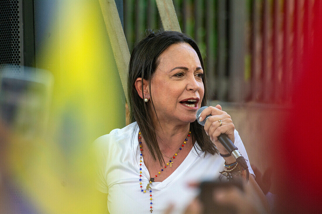 Kandidatin Maria Corina Machado, Anführerin der venezolanischen Opposition, auf der Plaza Belgica in Altamira, in Caracas, am 23. Januar 2024