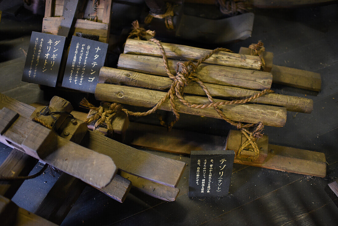 Agriculture and tools for living exhibition in Shirakawa-go, traditional village showcasing a building style known as gassho-zukuri, Gifu Prefecture, Japan