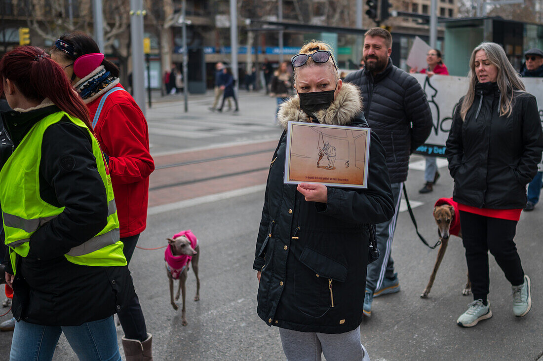 Tausende von Menschen demonstrieren in Spanien, um ein Ende der Jagd mit Hunden zu fordern, Zaragoza, Spanien