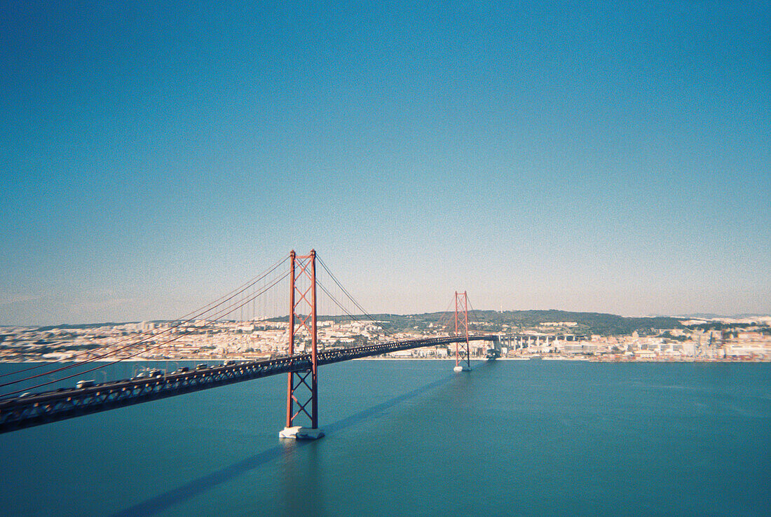 Analog photograph of the Ponte 25 de Abril bridge, Lisbon, Portugal