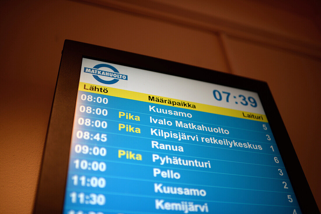 Schedule screen in Rovaniemi Bus Station