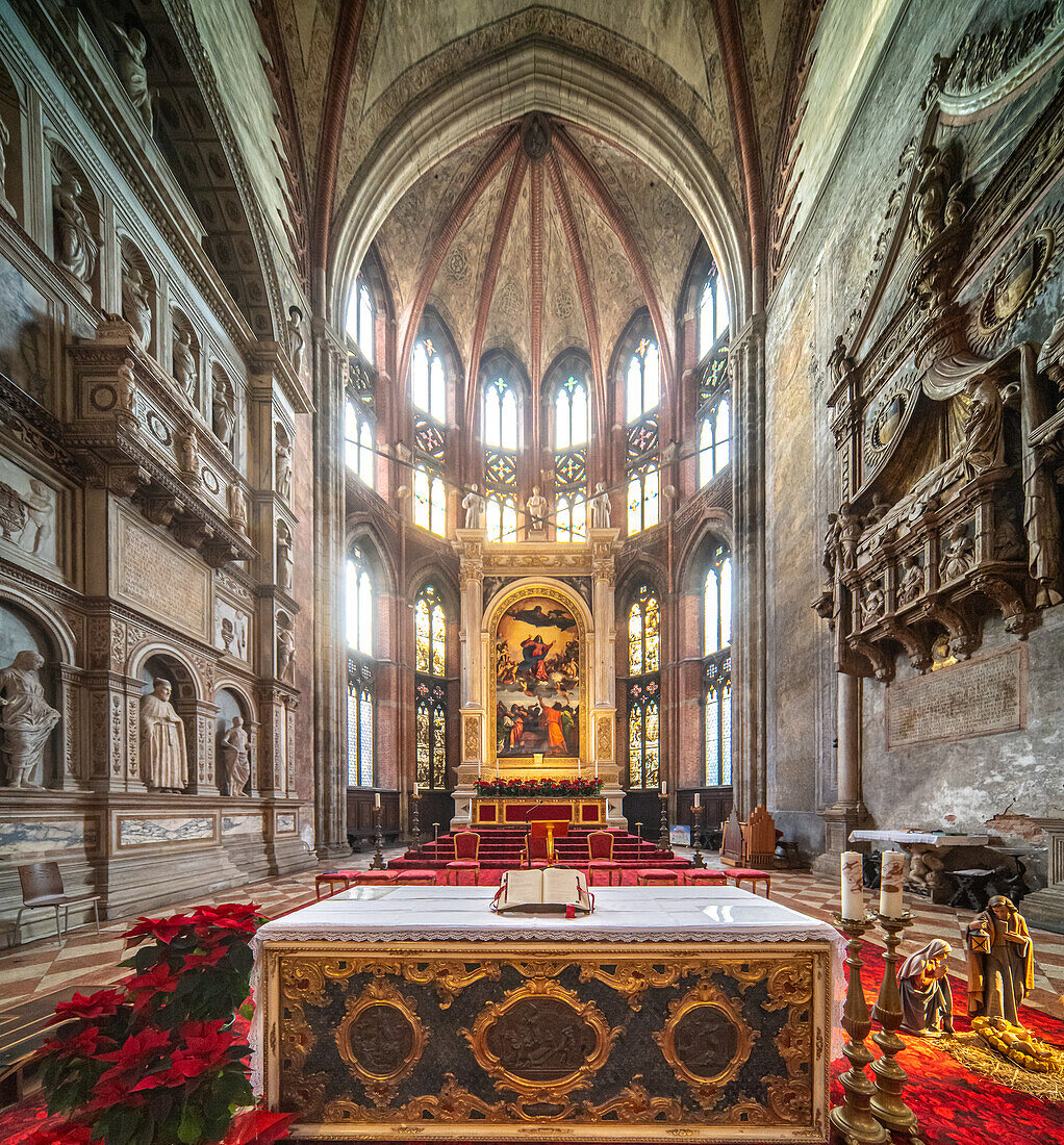 Majestic High Altar of Santa Maria dei Frari Church, Venice, with a large painting by Tiziano