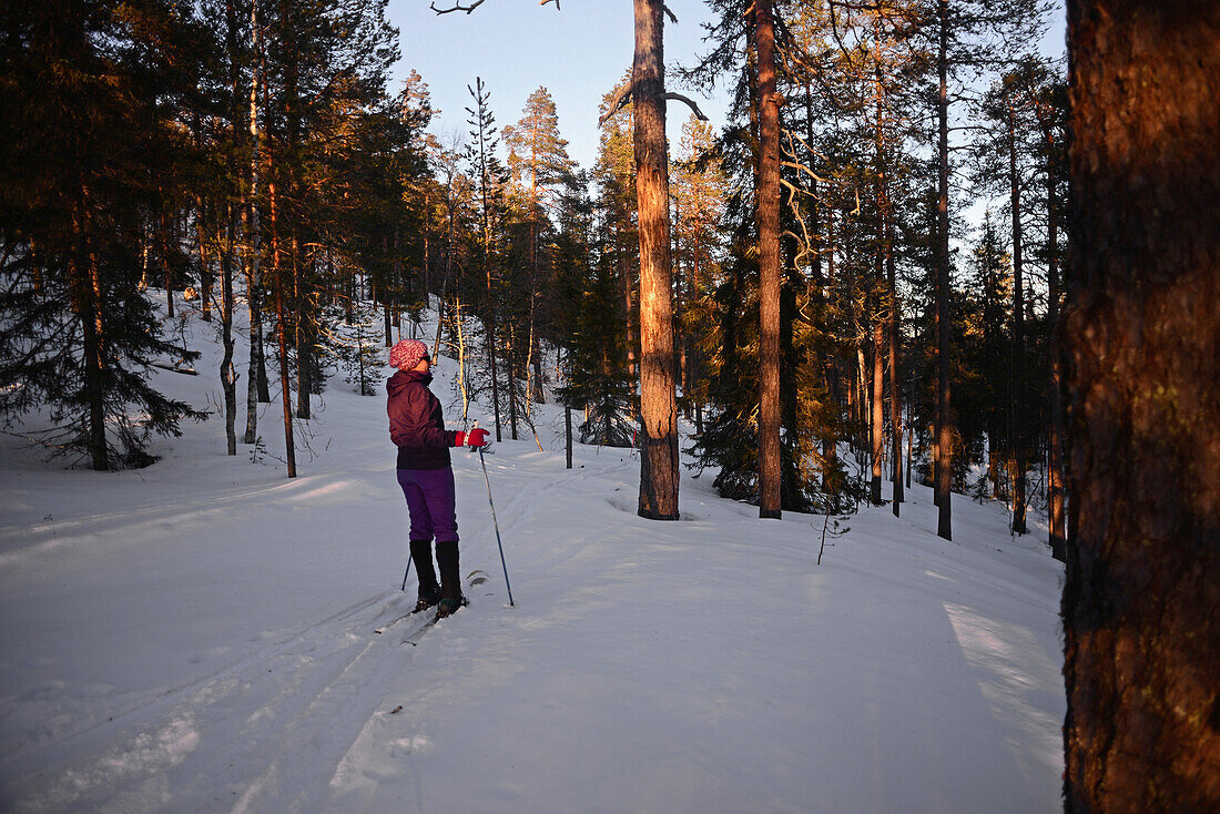 Young woman practicing Altai Skiing in Pyh? ski resort, Lapland, Finland