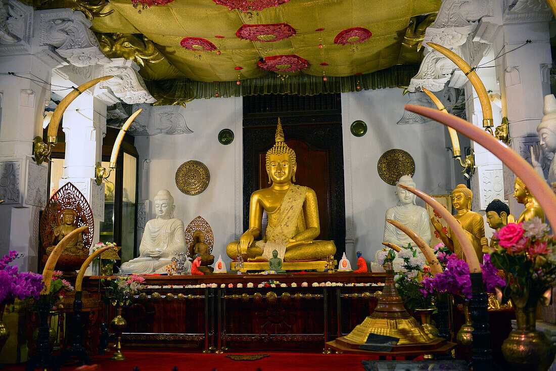 Golden Buddha statue inside the Temple of the Sacred Tooth Relic, Kandy, Sri Lanka,