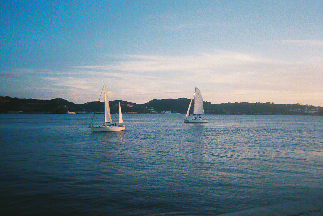 Analog photograph of sailing boats in Lisbon, Portugal