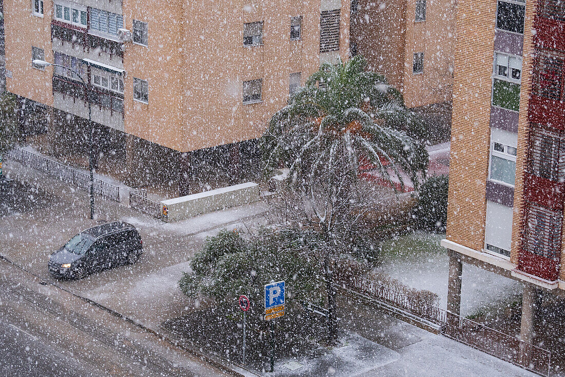 Zaragoza, vom Sturm Juan mit Schnee bedeckt