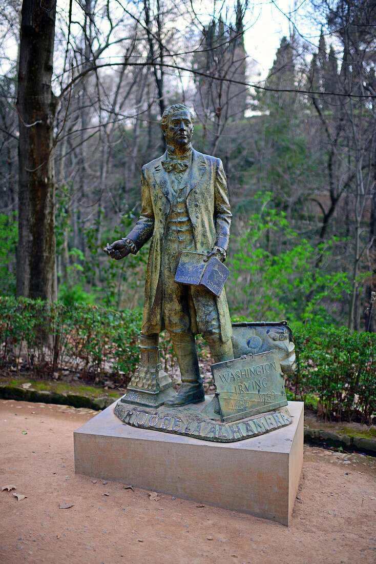 Statue of Washington Irving at The Alhambra, palace and fortress complex located in Granada, Andalusia, Spain