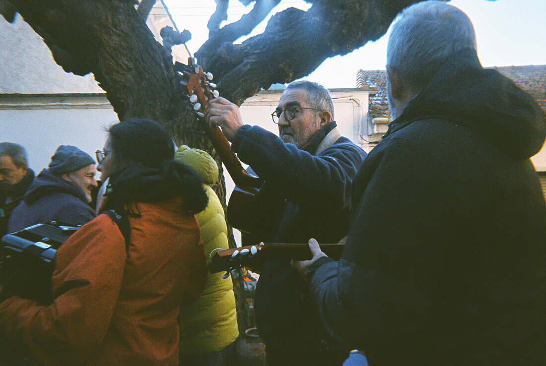 Analog photograph of the traditional music band La Ronda de Boltaña, Boltaña, Huesca, Spain