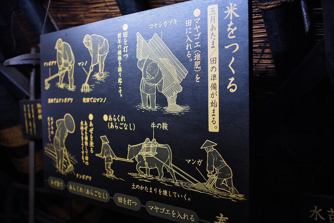 Ausstellung über Landwirtschaft und Werkzeuge für den Lebensunterhalt in Shirakawa-go, einem traditionellen Dorf, in dem ein als gassho-zukuri bekannter Baustil gezeigt wird, Präfektur Gifu, Japan