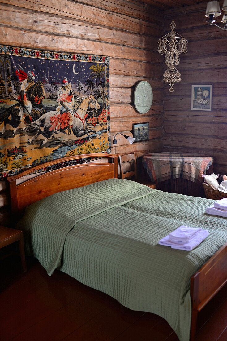 Interior of a traditional Finnish cottage at Kakslauttanen Arctic Resort, Saariselka, Finland