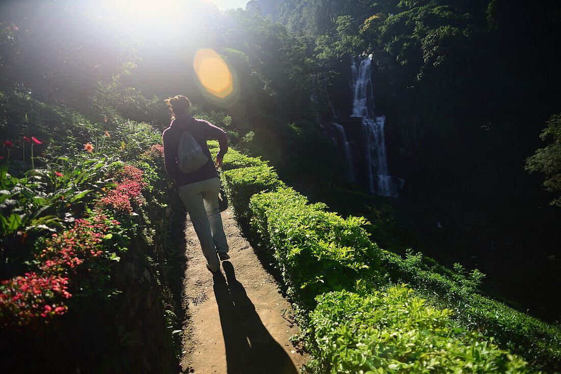 Junge Frau auf dem Weg neben den Ramboda-Wasserfällen in Nuwara Eliya, Sri Lanka