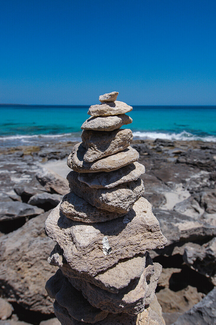 Stone sculpture at Llevant beach, in Formentera, Balearic Islands, Spain