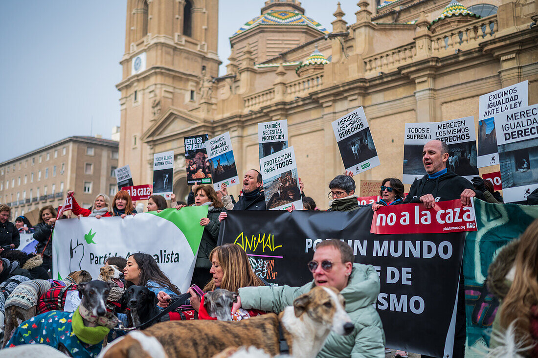 Thousands of people demonstrate in Spain to demand an end to hunting with dogs, Zaragoza, Spain