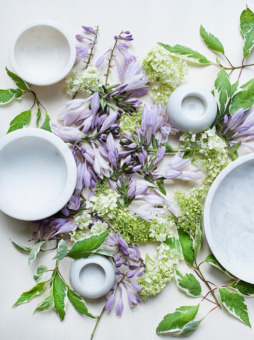 Studio shot of Spring blossoms and ceramic bowls