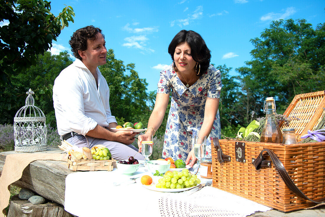 Smiling mature couple enjoying picnic in landscape