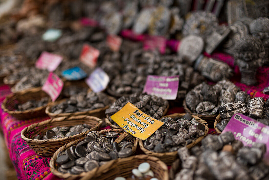 Bolivia, La Paz, Amulets on stall at Hercardo de Hechiceria (Witches Market)