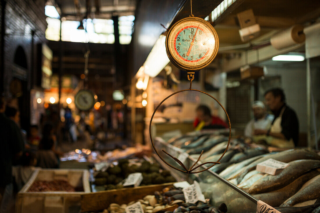 Chile, Santiago, Seafood for sale at Mercado Central