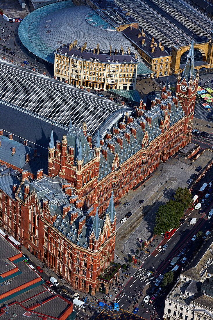 UK, London, Aerial view of St Pancras and Kings Cross railway stations