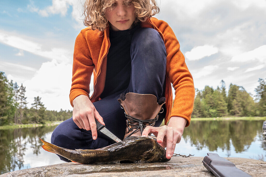 Boy (14-15) gutting freshly caught fish