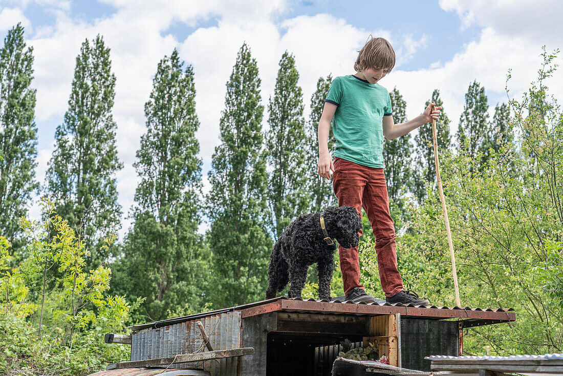 Boy with dog standing on top of allotment hut