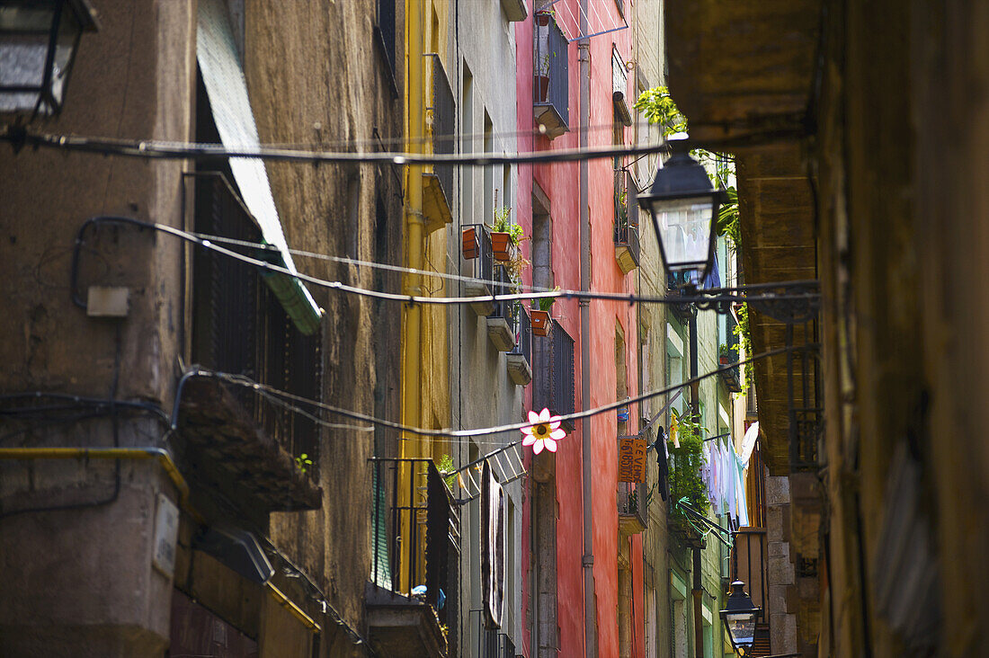 Bunte Fassade eines Wohngebäudes in einer Reihe; Barcelona, Spanien